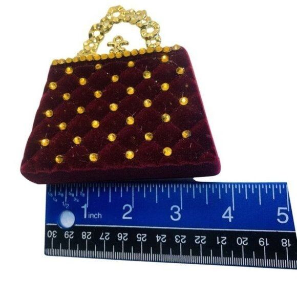 Artisan Christmas Red Velvet Rhinestone Satchel Purse Large Statement Brooch - Picture 8 of 8